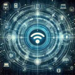  3D conceptual illustration of a central WiFi symbol connected to various devices and smaller WiFi symbols, set against a dark background. The WiFi and device icons are illuminated in blue