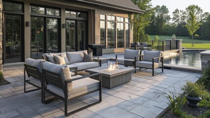 The fire table adds a touch of sophistication to this outdoor living space with its sleek design and strategic placement. 2d flat cartoon.