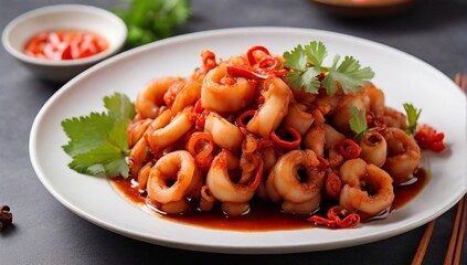 Cumi Asam Manis, Sweet and Sour Saute Squid with Red Paprika Served on White Plate above the Table
