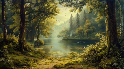 In the heart of an ancient forest, a tranquil lake mirrors the verdant canopy above.