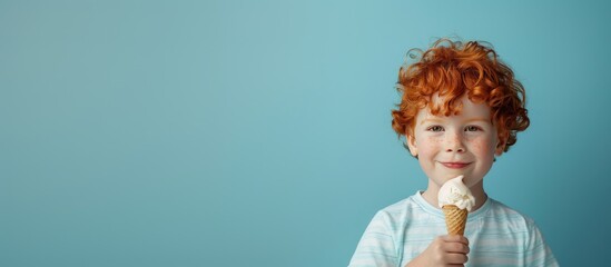 Photo portrait of a red-haired boy with freckles eating ice cream on a light blue background, a postcard with a place for text