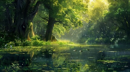 Obraz premium In the heart of an ancient forest, a tranquil lake mirrors the verdant canopy above.