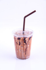 Mocha latte. Beverage for summer with brick wall background.