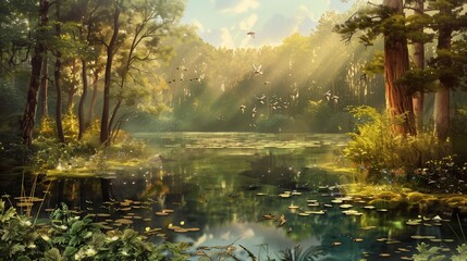 In the heart of an ancient forest, a tranquil lake mirrors the verdant canopy above.