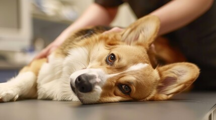 Photo a veterinarian rehabilitologist examines and massages a pembroke corgi dog at a veterinary clinic