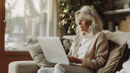 A photo of an elderly woman with gray hair working online on a laptop at home in the living room