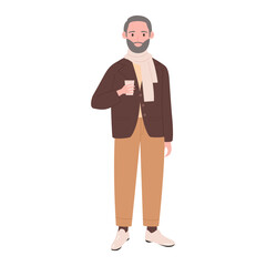 Man in scarf holding takeaway coffee to drink, happy person standing vector illustration