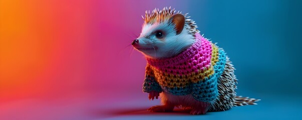Fototapeta premium Curious Hedgehog in Vibrant Crochet Sweater Against Colorful Backdrop with Ample Copy Space