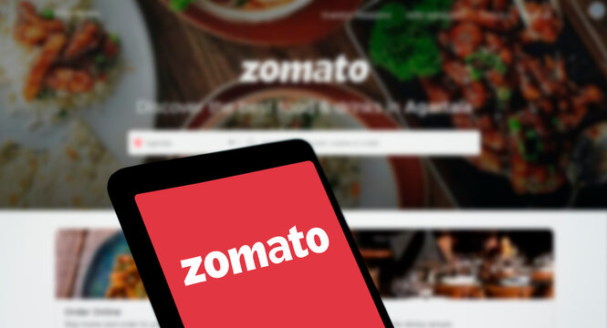 Dhaka, Bangladesh- 28 Apr 2024: Zomato logo is displayed on smartphone.