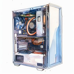 A sleek computer case opens to reveal hightech components inside, minimal watercolor style illustration isolated on white background