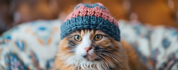 Charming Calico Cat Wearing Handcrafted Crochet Hat with Endearing Expression on Vibrant Studio Background