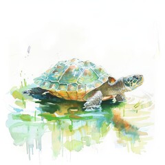 A turtle paddles gently through a pond, minimal watercolor style illustration isolated on white background