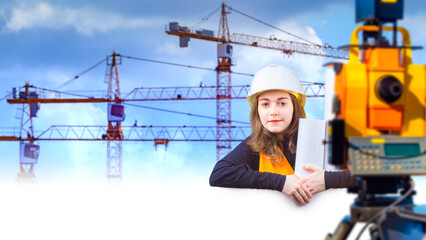 Woman builder. Surveyor with optical theodolite. Girl with construction equipment. Surveyor holding white banner. Lady is employee of construction company. Woman surveyor in work uniform