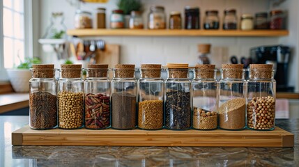 Pantry staples contained in glass jars within a cardboard carrier, reflecting a theme of organized kitchen elegance.