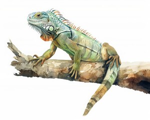 Obraz premium An iguana perches on a limb, its eyes surveying the surroundings, minimal watercolor style illustration isolated on white background