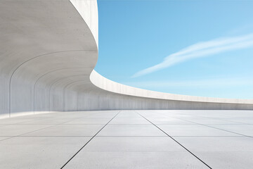 Unmanned concrete floor with huge white curved building with clean bright sky background.