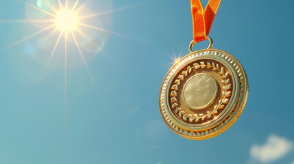 a gold medal with an intricately designed wreath pattern, hanging from a vibrant orange ribbon