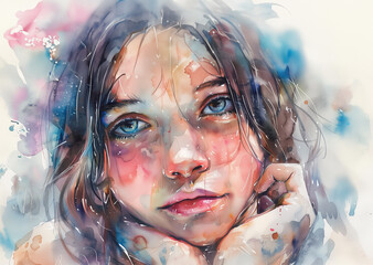 A watercolor painting portrait of a cute girl, Generative AI