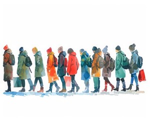 Obraz premium Eager customers line up early for Black Friday deals, minimal watercolor style illustration isolated on white background