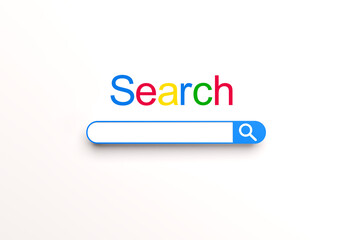 Search string. Place for typing searching request. Search site design element. Searching form for web application. Search word from multi-colored letters. Web design element. 3d image