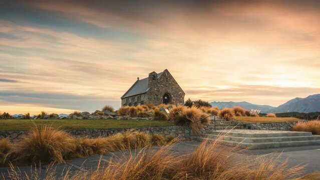 Sunrise glowing over Church of the Good Shepherd in autumn at Lake Tekapo, New Zealand