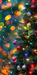 Christmas Green. Vertical Shot of Illuminated Christmas Tree with Colorful Bokeh Background