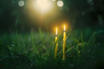 Outdoor Candles on Grass at Sunset