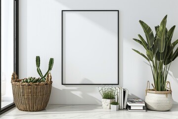 Frame On Wall: Mock Up of Vertical Metal Frame with Artwork, Succulents, and Books on White Wall Background