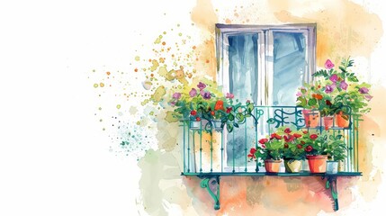 Potted blooms brighten a small apartments balcony, minimal watercolor style illustration isolated on white background