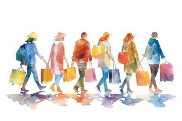 Shoppers rush to find the best deals during a Memorial Day Sale, minimal watercolor style illustration isolated on white background