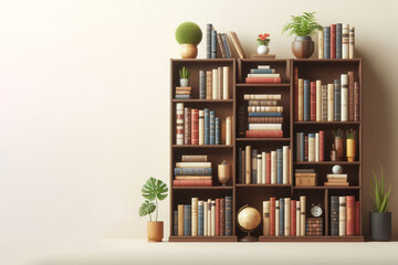 A bookshelf standing against a clean wall. Space for text.