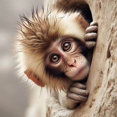 A monkey peeking out of a hole.