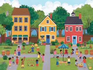A group of children are playing in a park in front of a yellow house. The scene is lively and cheerful, with kids enjoying themselves and engaging in various activities