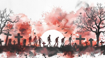 Zombies shuffle through a graveyard, part of a spooky Halloween scene, minimal watercolor style illustration isolated on white background - obrazy, fototapety, plakaty