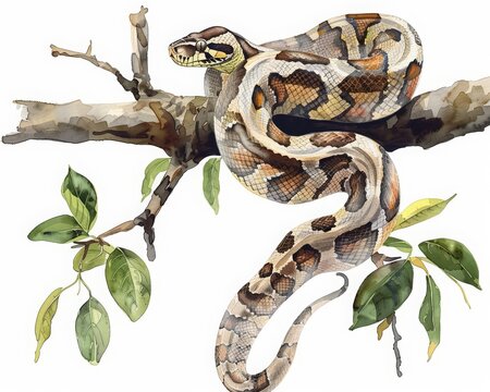 A boa constrictor coils gracefully around a tree branch, minimal watercolor style illustration isolated on white background