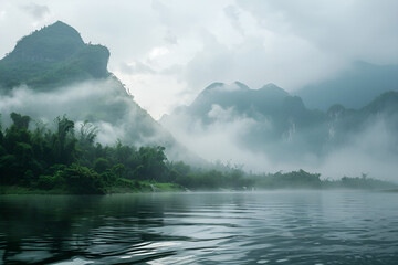 Fog over the river with mountain