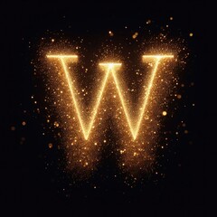 Golden glowing letter "W" isolated against a black background. Gold glitter alphabet set. Glowing dust particles. Sand burst with sparkling magical bokeh glow. Fantasy ethereal letter from A to Z