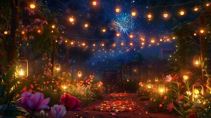 In the heart of Diwali festivities, a garden bursts into full bloom under the canopy of a starry night.