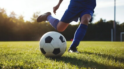 Obraz premium Close-up of a soccer ball with a player about to kick it, against the backdrop of a soccer field, Euro 2024 Championship