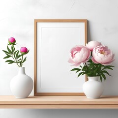 wooden frame with a blank white mock-up of the painting. A white table, a vase, a huge peony flower. 
