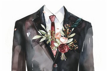 A delicate boutonniere adds charm to a grooms suit at a wedding, minimal watercolor style illustration isolated on white background - obrazy, fototapety, plakaty