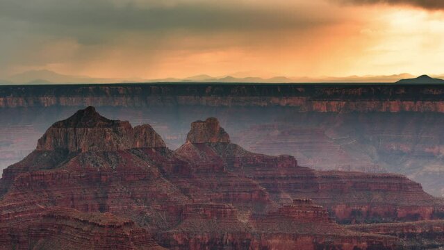 Grand Canyon North Rim Sunset Zoroaster and Brahma Temple Thunderstorm Clouds Time Lapse Pan R Arizona USA