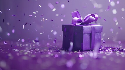 Fototapeta premium Floating gift box with a purple ribbon on a purple background, confetti suspended in the air