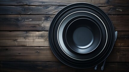 Monochrome dinnerware set elegantly arranged on a dark wooden table with subtle lighting for a moody feel