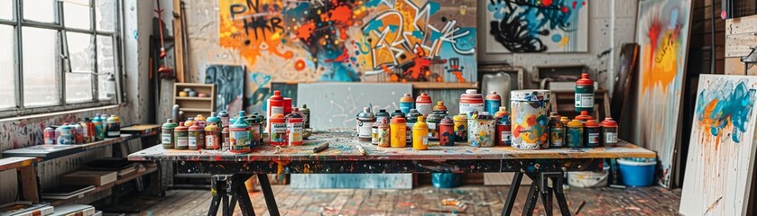Artistic studio with a workbench coffee table covered in paint supplies and canvases, reflecting a creative and functional workspace , graffiti street art style