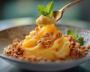 Closeup of a spoon scooping into a vibrant mango sorbet parfait, showing the texture contrast between creamy sorbet and crunchy granola , blending Cubism's fragmented perspectives