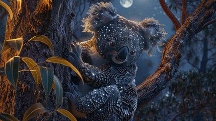 Enchanting koaladragon perched on a eucalyptus tree, its scales glistening under the moonlight, creating a mystical scene in an enchanted forest , 3DCG