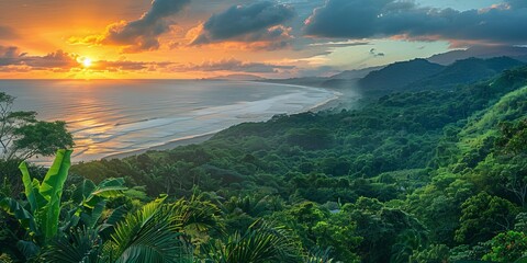 the breathtaking landscape of Costa Rica, showcasing lush vegetation, majestic mountains, and dramatic skies that highlight the country's natural beauty