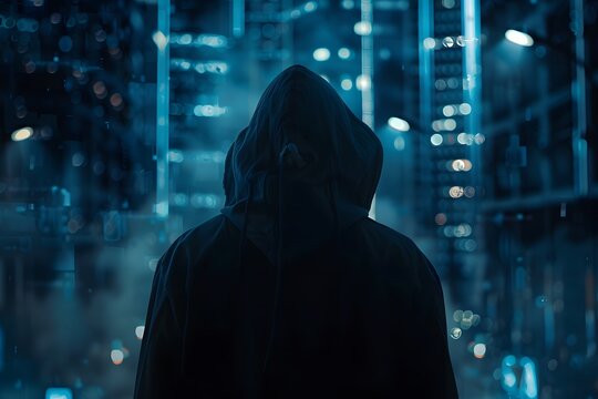 A hooded figure standing ominously in the midst of a high-tech data center, with racks of servers and an array of lights creating a backdrop