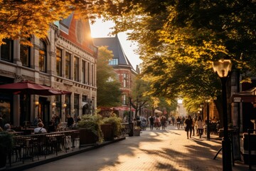 A Vibrant, Tree-Lined Urban Street at Sunset with Historic Buildings, Bustling Cafes, and Pedestrians Enjoying the Evening